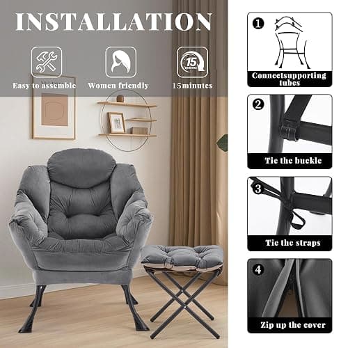 Aunekiv Lazy Chair with Ottoman, Comfy Accent Lounge Chair with Side Pocket, Modern Reading Armchair with Footrest, Upholstered Sofa Chair for Small Spaces, Bedroom, Living Room, Dorm, Darkgrey thumbnail 8