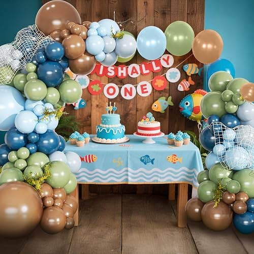 CROSSFINGERS Fishing Blue and Sage Green Balloon Arch Garland Kit, 149pcs Light Blue Brown Gray Balloons Different Size for Fishing Theme Birthday Baby Shower Party Decorations thumbnail 4
