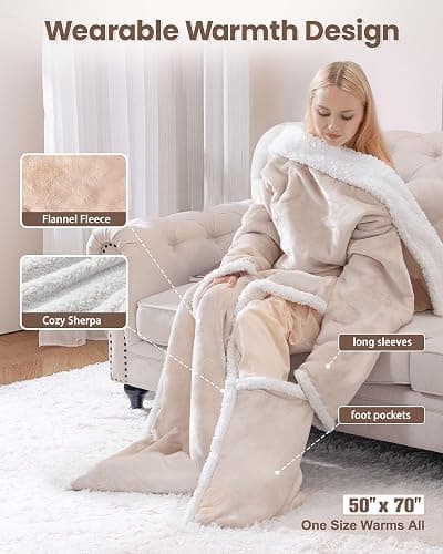 Wearable Heated Blanket with Foot Pocket,Electric Snuggle Throw Blanket with Sleeves,9 Heating Levels & 1-10 Hours Auto Shut Off,50x70 Inch,Beige thumbnail 3