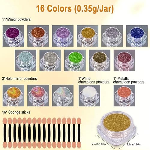 SIUSIO 16 Jars Chrome Nail Powder Nail Art Glitter Decoration Metallic Mirror Effect Holographic Aurora Chameleon Pigment Powder Kit 0.35g/Jar Pearl for Resin Craft & Nail Art thumbnail 3