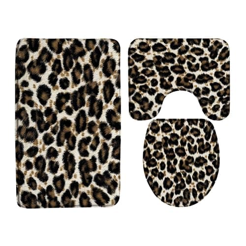 AEMBEE Leopard Print Bath Mat Black White Cheetah Wild Safari Powerful Animal Big Cat Wildlife Modern 3 Piece Bathroom Mat Rug Sets,17.8"x29.5"Bath Mat,Toilet Seat Cover, U-Shaped Toilet - Image 1