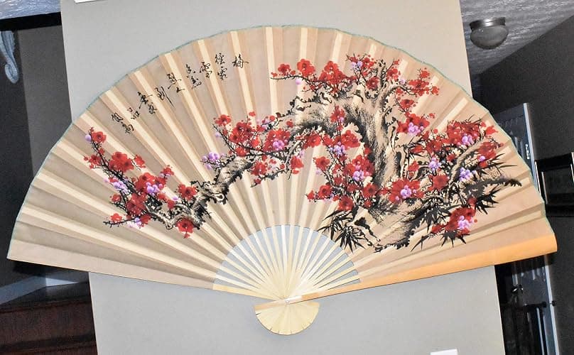 Large 60 X 35 Tannish Gold Color Fan with Red & Fuchsia Cherry Blossom Flowers on a Branch Hand Painted Oriental Hanging Wall Fan thumbnail 2