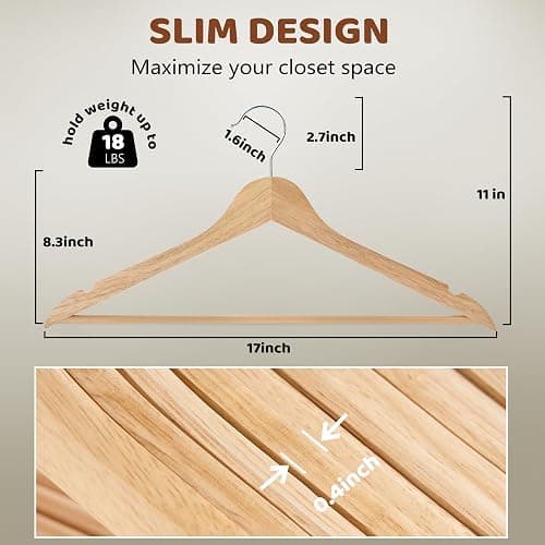 Edergoo Wooden Hangers 20 Pack, Durable Wood Hangers with 360° Swivel Hook & Notches, Slim Coat Hanger Wooden for Closet, Natural thumbnail 2