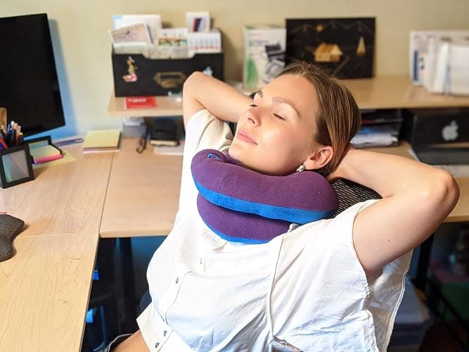 BCOZZY Travel Neck Pillow for Airplane– Patented Double Support for Head, Neck, and Chin. Best for Long Flights, Plane Sleeping, and Car Rides. Adjustable Size. Washable. Carry Bag. Large, Purple thumbnail 2