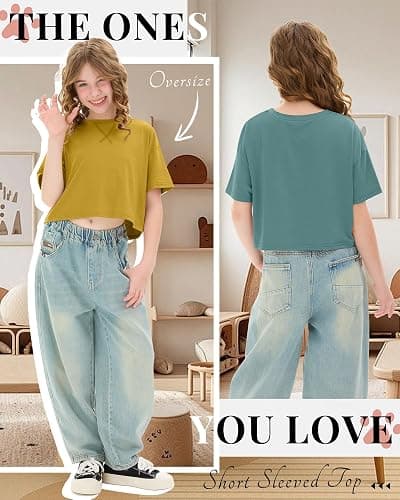 LessonZoo 4 Pack Girls Crop Tops 5-14Y Short Sleeve T-Shirts Tween Crew Neck Teen Oversized Cute Cropped Summer Athletic Tee thumbnail 5