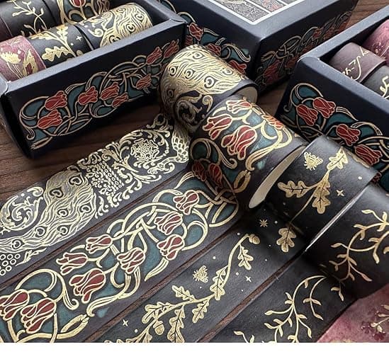 YUBX Vintage Washi Tape Set 6 Rolls Wide Retro Decorative Gold Foil Antique Patterns Masking Tapes for Arts, DIY Crafts, Journals, Planners, Scrapbook, Wrapping thumbnail 6