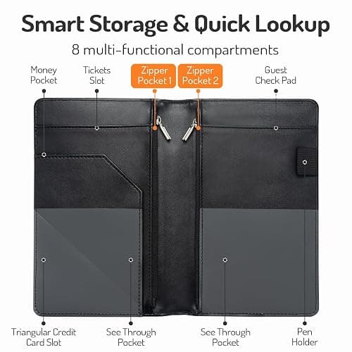Server Book with 2 Zipper Pockets, Leather Server Books for Waitress, Waiter Book, Sturdy Waitress Book with Money Pocket and Zipper, Servers Book Waitress Accessories Fit Server Apron, Glitter Black thumbnail 3