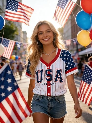 Women's American Flag Button Down Jersey Shirt Patriotic USA Short Sleeve Shirts 4th of July Baseball Tee Top thumbnail 4