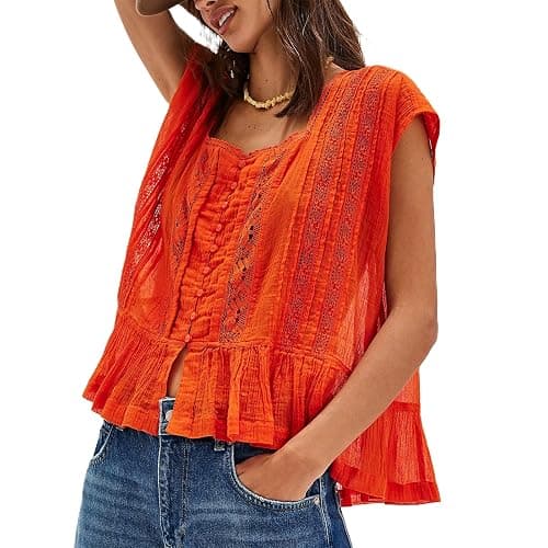 Women Y2k Semi Sheer Blouse Shirt Lace Trim Button Down Short Sleeve Round Neck Casual Going Out Tops Streetwear - Image 1
