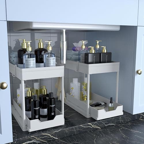 DEKAVA Cabinet, 2 Pack Under Sink Organizer, 2 Tier Sliding Bathroom Kitchen Organizer, Large White ABS Baskets, Easy Install & Clean - Image 1