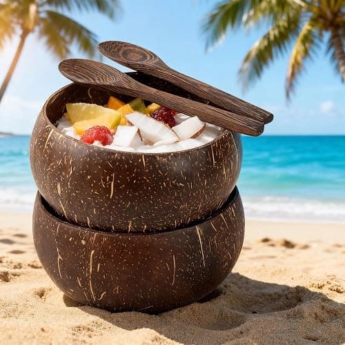 Mrxxjz Handmade Coconut Bowl Set with Wood Spoons, Eco Friendly Tableware | Natural sustainable dinnerware set, perfect serving bowl for smoothies, salads, fruits and dessert treats. thumbnail 3