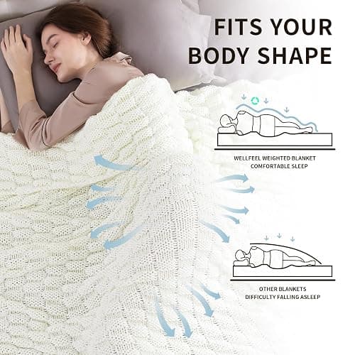 Wellfeel Knitted Weighted Blanket for Adult, No Beads Heavy Blanket 48” x 72'' 12lbs, Breathable Chunky Knit Blanket, Cooling Weighted Blanket for Hot Sleepers, Christmas Home Decor (Ivory White) thumbnail 3