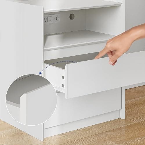 FurniXpress 24" Tall White Nightstand with Charging Station, 2 Drawer Modern Bedside Table with Tray Top, USB & Type-C Ports, AC Outlets, and Open Shelf for Bedroom or Living Room thumbnail 3