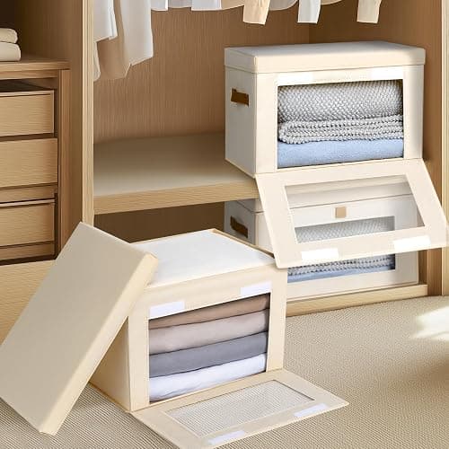 Homsorout Large Closet Storage Organizer - Clothes Storage Bins with Handles & Window, Collapsible Decorative Boxes with Lids, Fabric Containers for Living Room, Dorm, 2 Pack, Beige thumbnail 2