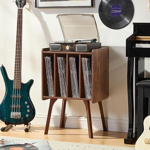 LELELINKY Record Player Stand, Brown Vinyl Record Storage Table, Patented | Mid-Century Modern Turntable Stand with Wood Legs, 4 Cabinets, Up to 100 Albums, Vinyl Holder Shelf for Bedroom Living Room thumbnail 8