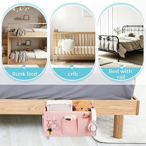 Loghot Bedside Caddy/Bedside Storage Bag Hanging Organizer for Bunk and Hospital Beds,Dorm Rooms Bed Rails,Can be Placed Glasses,Books,Mobile Phones,Keys (Light Pink) thumbnail 5