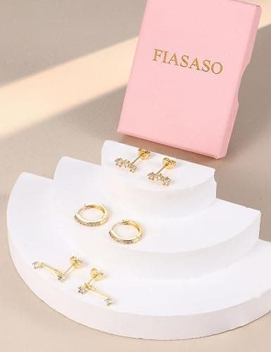 FIASASO 3 Pairs 925 Sterling Silver Hypoallergenic Earrings for Women Trendy - 14K Gold Plated Stud Hoop Cartilage Earrings Set Small Earring Stacks for Sensitive Ears Non Tarnish Dainty Silver Earring thumbnail 9
