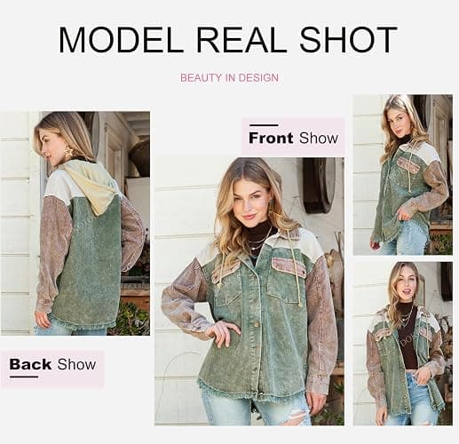 Dokotoo Womens 2025 Fall Corduroy Shacket Jacket Long Sleeve Button Down Color Block Hooded Coat with Pockets thumbnail 4