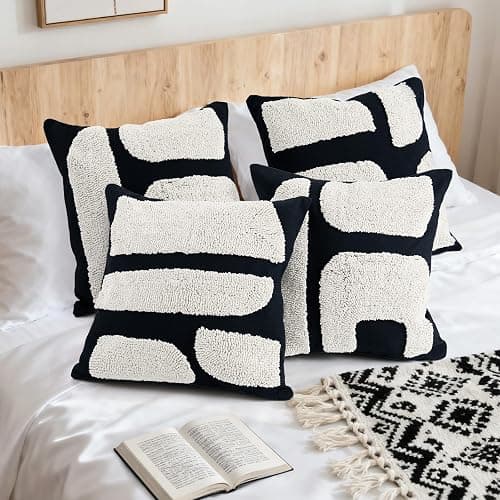 LandIdyll 4 Pcs Black and Cream Chunky Tufted Pillow Covers 18 x 18 Inch Boho Black and White Throw Pillow Covers Set Decorative Modern Abstract Geometric Pillowcase for Living Room Bed Couch Sofa thumbnail 7