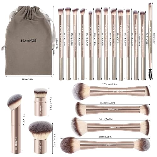 MAANGE 20 PCS Foundation Makeup Brush Set, Double-ended Kabuki Contour Brush for Liquid Powder Concealer Blending Blush Face Makeup Tools (Gold) thumbnail 9
