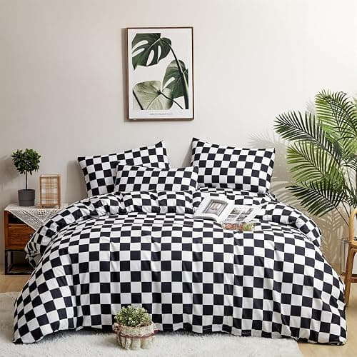 Wellboo Black White Plaid Comforter Sets Queen Women Men Black and White Checkerboard Grid Bedding Comforters Cotton Boys Girls Modern Checkered Geometric Quilts Luxury Abstract White Bedding thumbnail 6
