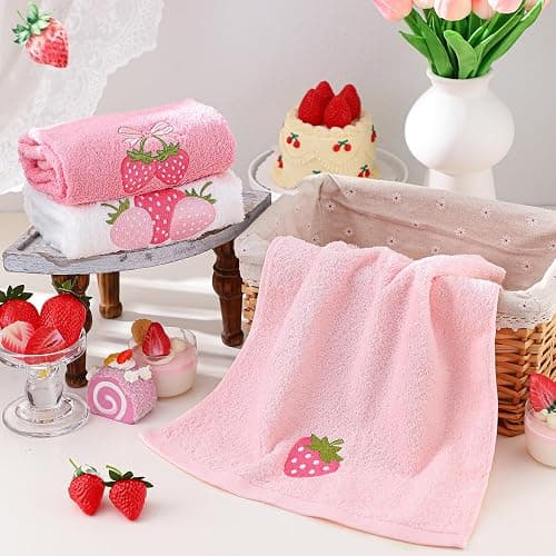Tingjoo 3 Pcs Strawberry Hand Towels 14x29 Inch Spring Summer Bathroom Decor Farmhouse Pink Strawberry Cotton Embroidered Soft Absorbent Bathroom Decor Towels for Kitchen thumbnail 2