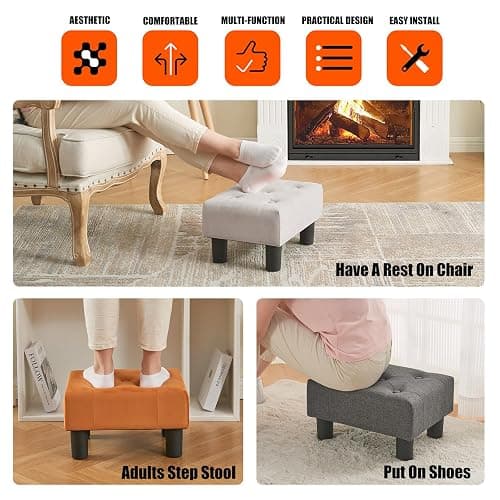 BRIAN & DANY Small Foot Stool, Velvet Footstool with Legs, Footstools for Living Room, Ottoman Footrest Extra Seating for Entryway, Cream White thumbnail 6