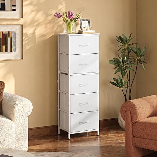 WLIVE Tall Dresser for Bedroom, 5 Drawer Dresser, White | 5 vertical fabric drawers, Tall vertical design, Bedroom or closet use, Dresser for small spaces, Chest of drawers thumbnail 4