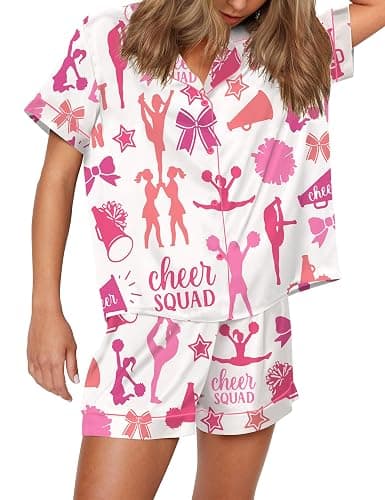 SHESHOW Pajamas for Women Set Satin Button Down Short Sleeve Top and Shorts Pjs Sets Sport Ball Print Sleepwear XS-XXL - Image 1