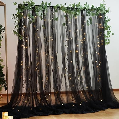 10×10ft Black Tulle Backdrop Curtain with Lights String for Parites, Sheer Photo Backdrop Curtains for Wedding Party Photography Background thumbnail 7