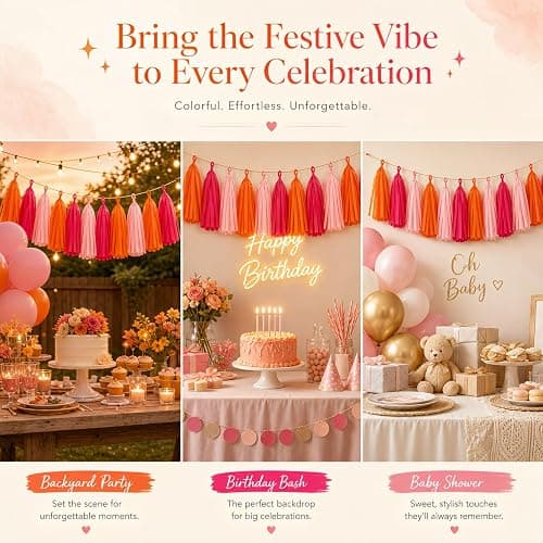 AimtoHome 15PCS Tissue Paper Tassel Garland,Hot Pink Pink Orange | Streamer Banner for Sunset Party, Birthday, Baby Shower, Graduation, Bachelorette, Classroom Hanging Decoration thumbnail 5