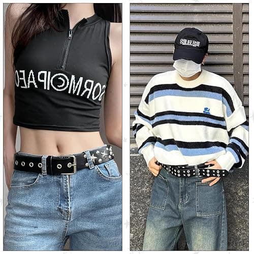 WQYILEAER Black Studded Belt, 3 Pcs Y2K Belt Star Goth EMO Punk Rock Double Grommet with Bright Pyramid Studded for Women Men thumbnail 5