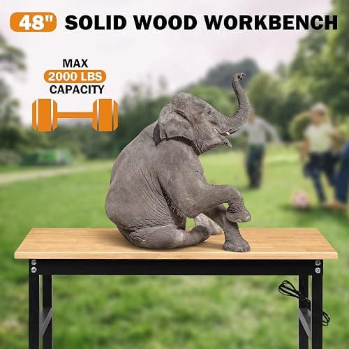 Betterhood Adjustable Height Workbench, 48" Rubber Wood Top Heavy Duty Workstation with Power Outlets, 2000 LBS Load Capacity Hardwood Worktable for Workshop, Garage, Office, Home, Commercial thumbnail 6