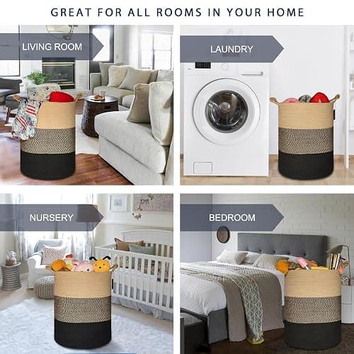 COMSE Extra Large Blanket Basket, Tall Woven Storage Basket, Nursery Hamper, 15.7”x 21.7”, Cotton Rope Laundry Hamper for Toys Clothes Towels, Brown/Black thumbnail 4