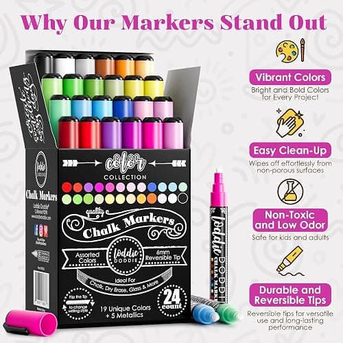 Loddie Doddie Chalk Markers - 24-Pack, 6mm Reversible Tips - Colored Chalk Pens for Art & Decor - Window Markers for Glass & Metal - Dry Erase Pens for Mirrors & More thumbnail 2