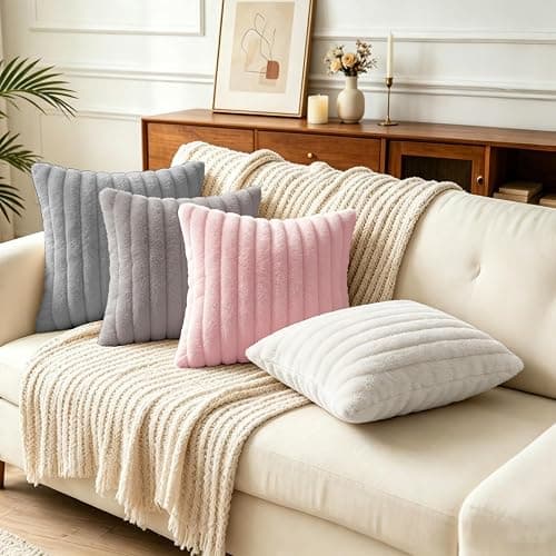 Set of 2 Faux Fur Decorative Soft Striped Cushion Covers 45x45 cm,Cream Soft Couch Square Throw Pillow Covers 18x18 Inch with Invisible Zipper for Sofa Bedroom Decorative Fluffy Large Pillowcases thumbnail 5