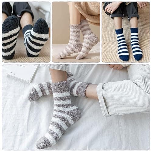 KIKAWORD Cozy Soft Fluffy Slipper Socks for Men and Women,8 Pairs Plush Slipper Sock,Winter Sleeping Warm Sock,Cozy Fuzzy Sleep Bed Thermal Stripe Soft Warm Socks thumbnail 3