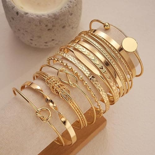FAXHION Gold Bangle Bracelets for Women, 14 Pcs Multi Layer Stackable Bangle Set, 14K Gold Plated Textured Chunky Bracelets Boho Jewelrys Set thumbnail 6