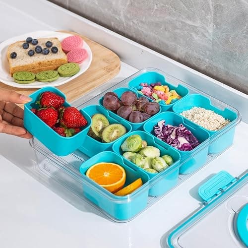 WACOI Divided Snack Serving Tray with Lid and Handle Travel Snackle Charcuterie Container Portable Storage Organizer for Candy, Fruits, Nuts, Snacks, Party, Picnic (1pack, Lake blue) thumbnail 2