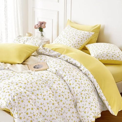 Wake In Cloud - Floral Comforter Set, Coquette Cottagecore Aesthetic Cute Flower Pattern for Women Teen Girls, Soft Lightweight Dorm Bedding, 3 Pieces, Yellow White, Queen Size thumbnail 4