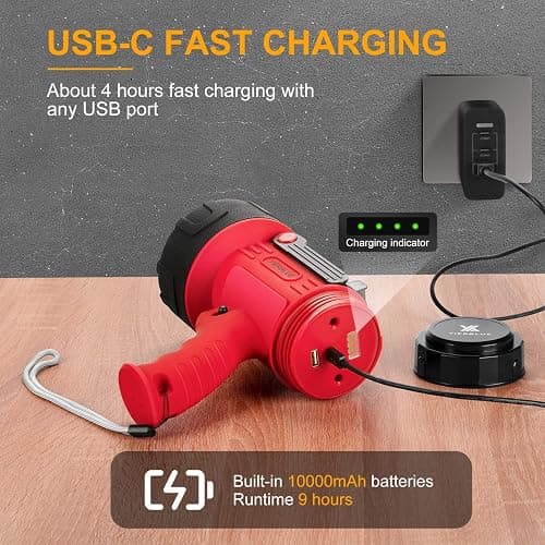 YIERBLUE Rechargeable Spotlight Flashlight with 2000,000 High Lumen LED | IP67 Waterproof Long Running Spot Light searchlight, Impact Resistant Handheld Spotlight with Foldable Stand and Red Lens thumbnail 6