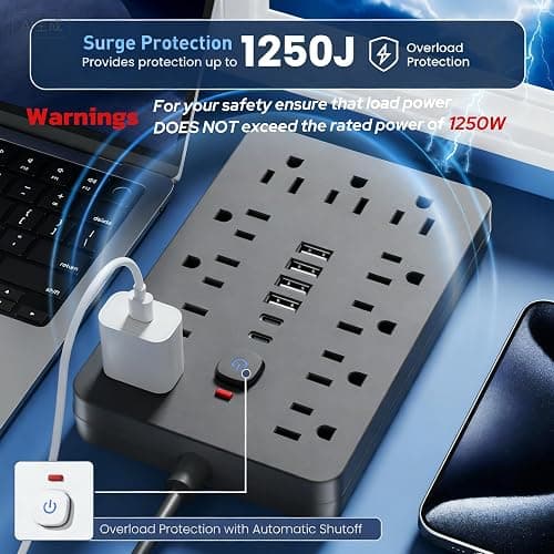 JouleLoom 6 FT Flat Plug Surge Protector Power Strip,11 Multiple AC Outlets with 6 USB Ports (2 USB C), 6 Feet Extension Cord, 1250W/10A, One Touch Switch Button, 17 in 1 Compact powerstrip thumbnail 8