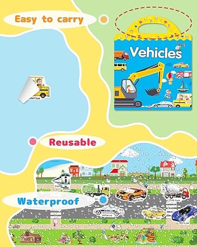 Benresive Reusable Sticker Book for Toddlers 2-4 Years, Fun Travel Stickers for Kids, Waterproof Sticker Books for Toddlers 1-3, Crafts Activities for Todddlers 1-3 2-4 3-5 - Vehicle thumbnail 6