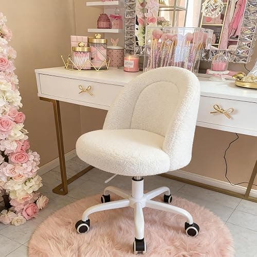DurayLoly White Vanity Chair with Wheels, Cute Desk Chair with Back, Armless Office Chair Height Adjustable, Soft Lumbar Support for Small Space, Bedroom - Image 1
