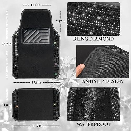 CAR PASS Bling Diamond Leather Steering Wheel Cover 14.5in-15in Floor Mats Shining Rhinestone Carpet Sparkly Glitter Crystal Anti-Slip Pad Fit Automotive SUV Pickup Truck Girl Women, 5pcs Black thumbnail 5