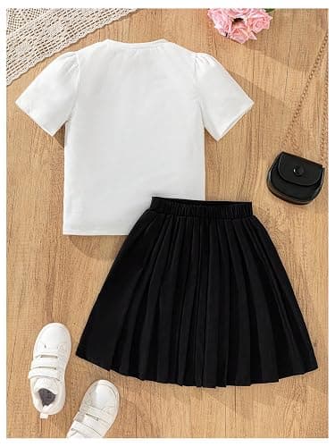RoseSeek Girl's 2 Piece Preppy Summer Outfits 3D Bowknot T Shirt and Mini Pleated Skirts Clothing Set thumbnail 2