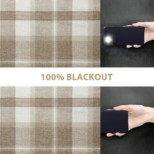 always4u 100% Blackout Curtains Check Eyelet Curtain Bedroom Plaid Woven Brushed Cheque Pair of Highland Woolen Look Window Treatment for Living Room Beige 46 * 90 Inches thumbnail 5