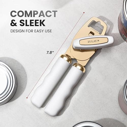 Zulay Kitchen Heavy Duty Stainless Steel Can Opener Manual with Bottle Opener - Rust Proof Manual Can Opener With Turn Knob & Comfy Soft Grip Handles - White & Gold thumbnail 2