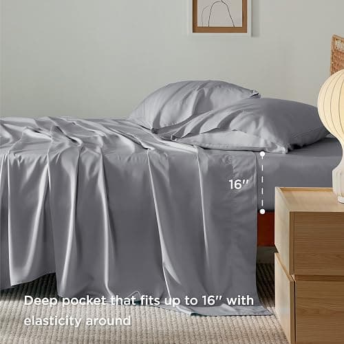 Bedsure Queen Sheet Set, Rayon Derived from Bamboo, Cooling Sheets, Deep Pocket Up to 16", PureWoven, Breathable & Soft, Hotel Luxury Silky Bedding for Hot Sleepers, Silver Grey thumbnail 2