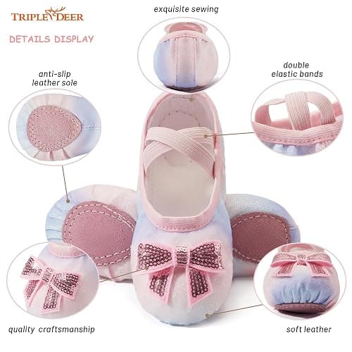 TRIPLE DEER Ballet Shoes for Girls, Satin Dance Practice Slippers Split Soft Leather Flat Sole Yoga Gymnastics Shoes (Toddler/Little/Big Kid) thumbnail 2